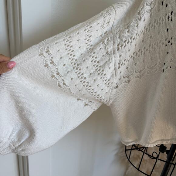 Urban Outfitters White Cropped Balloon Sleeve Pointelle Knit Sweater Medium - Picture 4 of 8